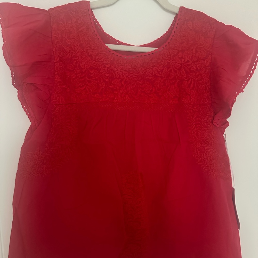 J.Marie Darby Top Red Embroidered Flutter Sleeve Blouse | Size M | NWT